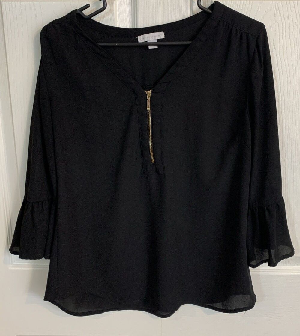 New York & Co Blouse Top Womens S Black Sheer Dark Whimsical Ruffles - Picture 1 of 13